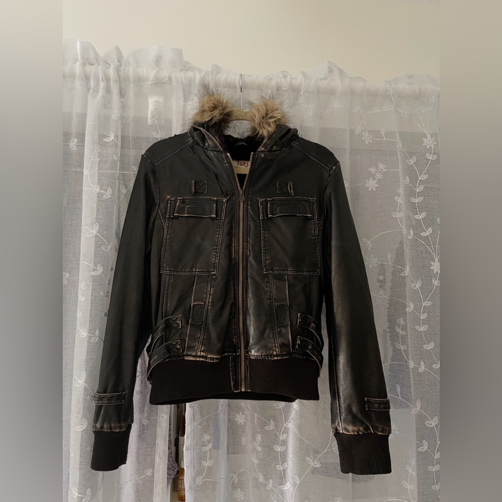 H2J Brown Leather Jacket with Fur Hood